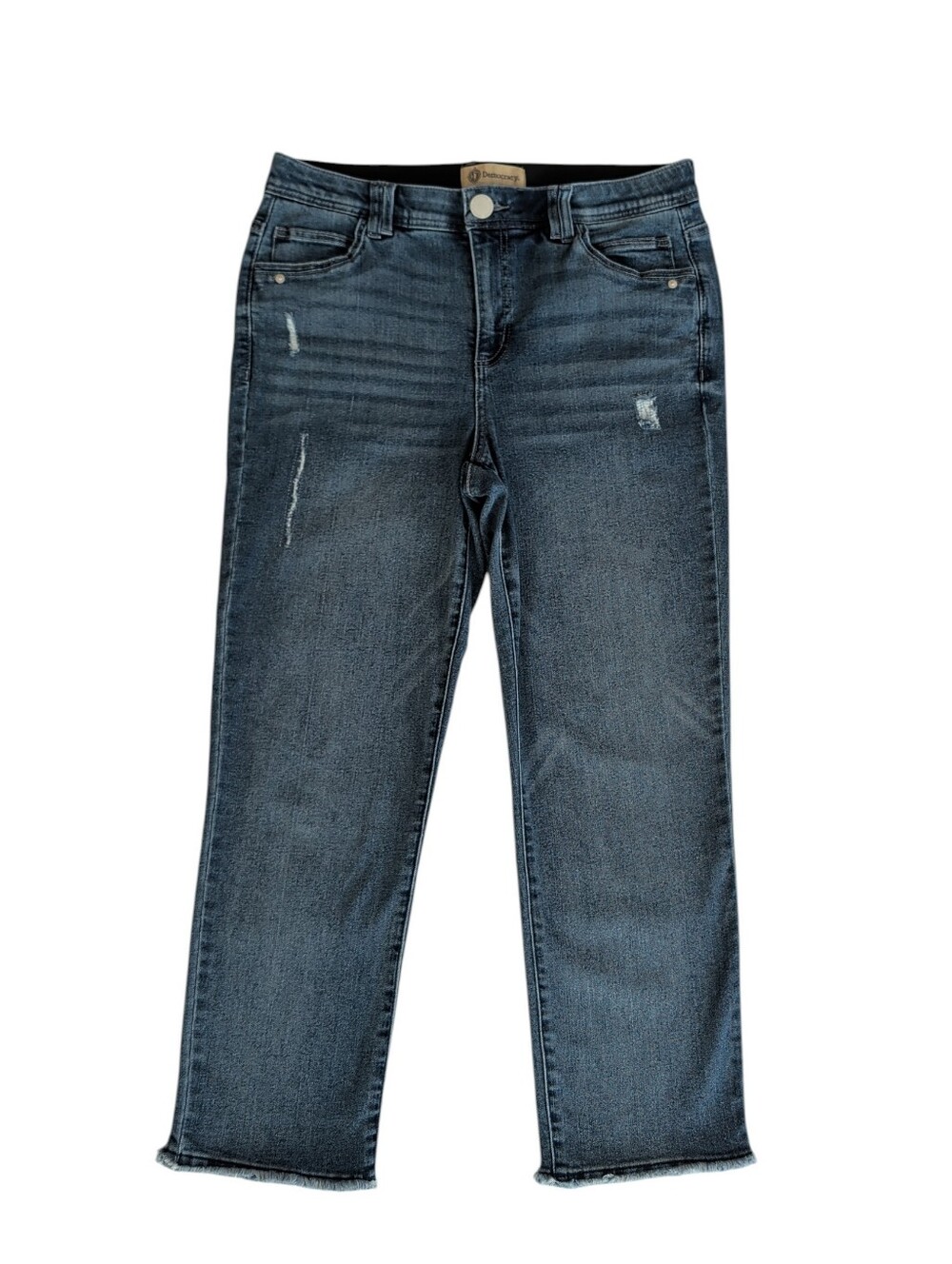 Democracy "Ab Technology" Itty Bitty Fringe Mom Boot Jeans 12 Blue Pockets